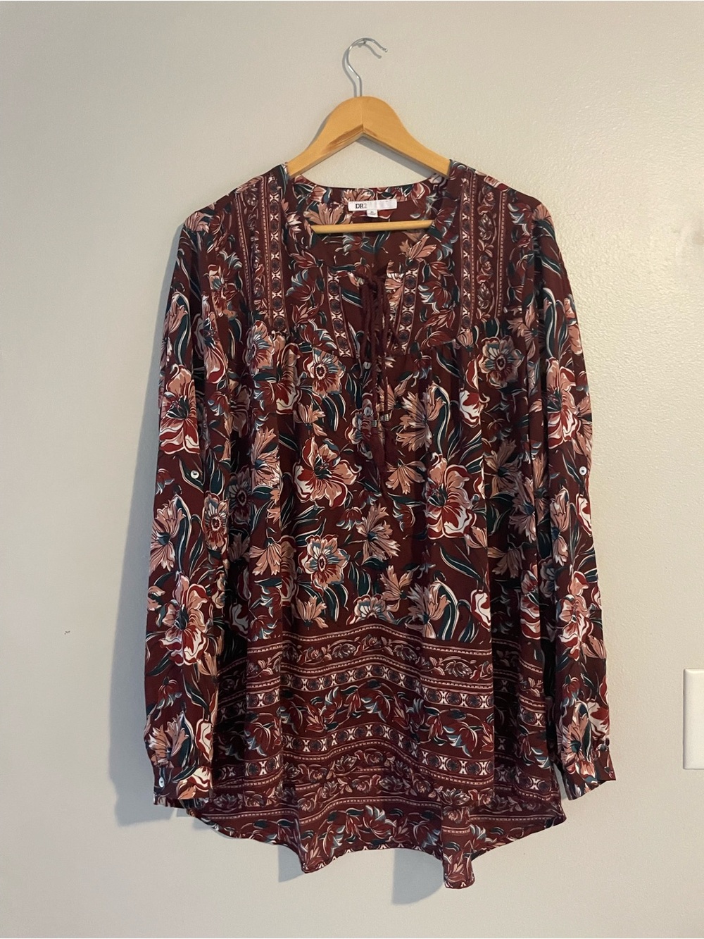 DR2 Burgundy Floral Long Sleeve Blouse